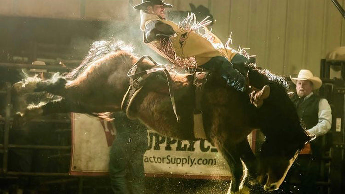 Cowboy riding a bucking bronco in a rodeo arena with visible branding.