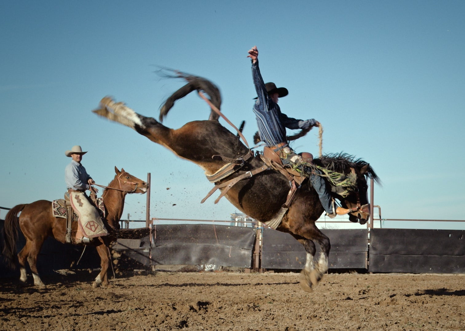 Cowboy riding a bucking bronco in a rodeo arena with another cowboy on a horse in the background.